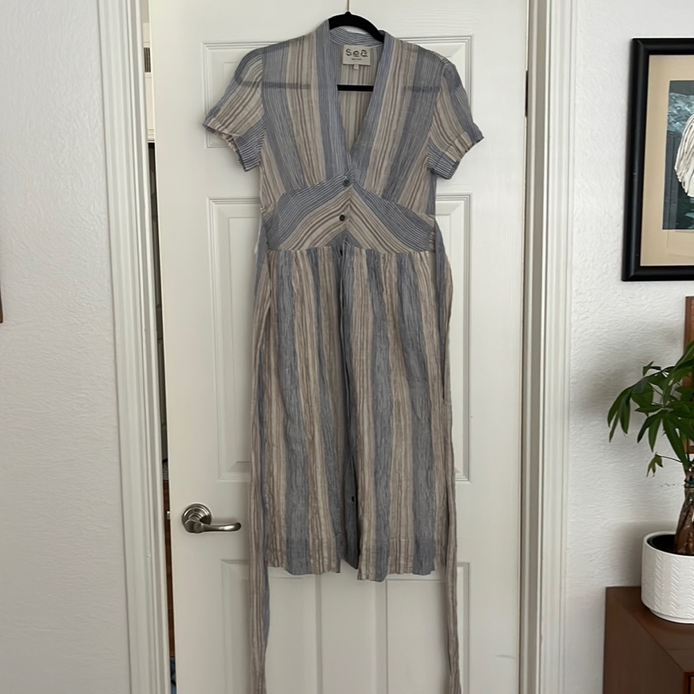 Sea New York striped cotton gauze tie waist dress